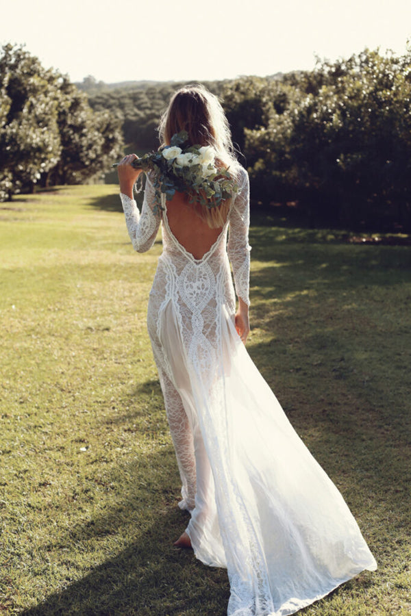 Open Back Wedding Dresses Beautiful Lace Backless Long Sleeve Bridal Gown,MW435 | musebridals.com