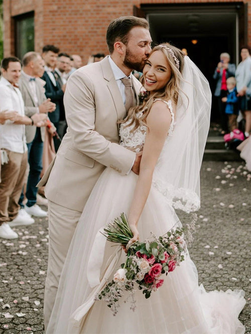 Wonderful Appliqued A-line Wedding Dresses With Cap Sleeves Tulle Gowns,MW443 | musebridals.com