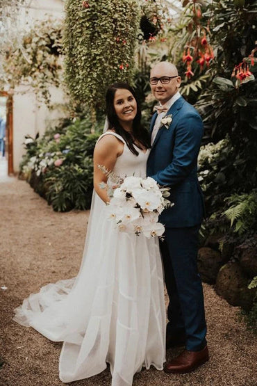 Simple Chiffon A-line V-neck Sweep Train Sleeveless Wedding Dress,MW446 | musebridals.com