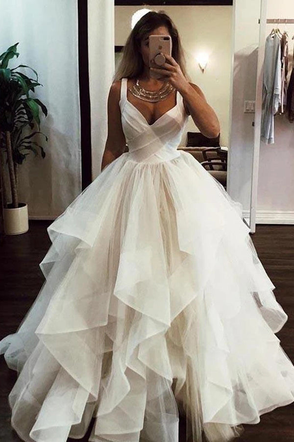 Tulle Ball Gown Wedding Dress with Straps Backless V-neck Bridal Gown,MW450