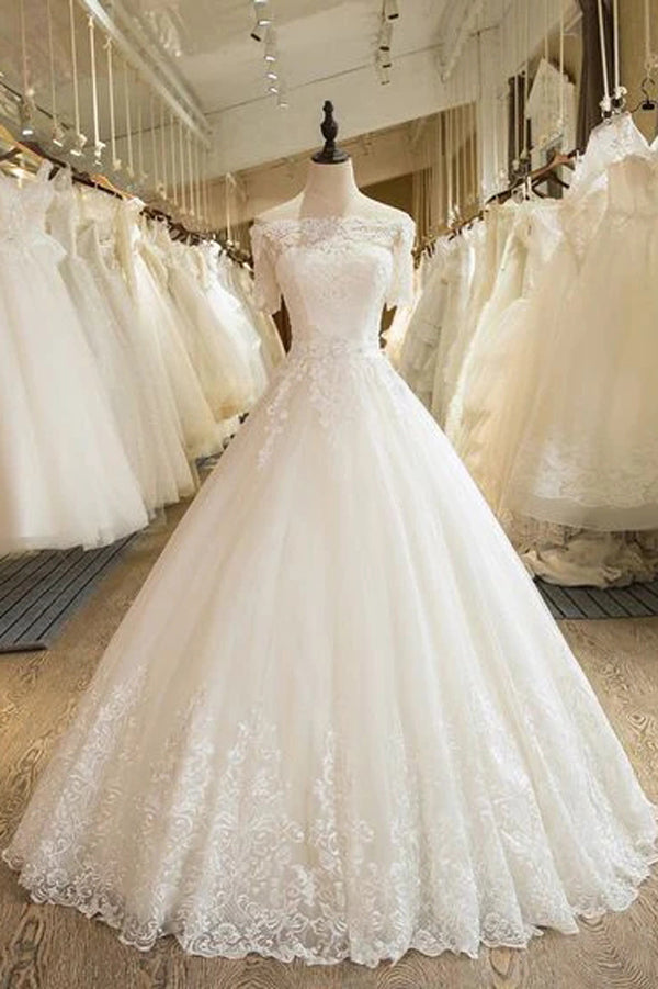 Beautiful Wedding Dresses Off-the-shoulder Ball Gown Lace Ivory Bridal Gown,MW453