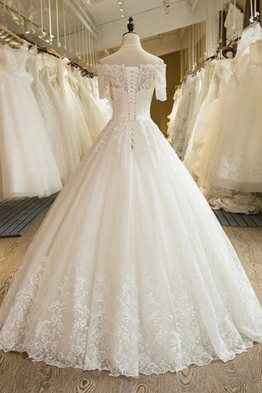 Beautiful Wedding Dresses Off-the-shoulder Ball Gown Lace Ivory Bridal Gown,MW453 | musebridals.com