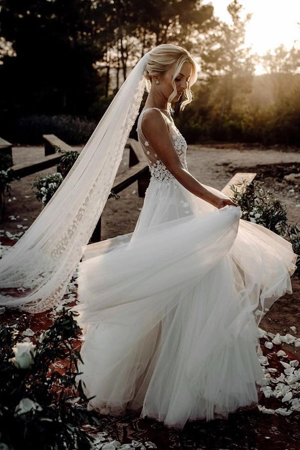 Marvelous Tulle V-neck A-line Wedding Dresses With Flowers Bridal Gowns,MW456