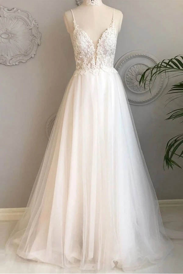 Simple Spaghetti Straps A-line Beach Wedding Dresses Lace Wedding Gowns,MW463