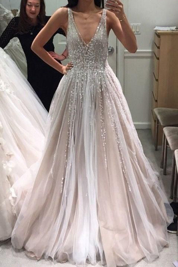 Gorgeous Ball Gown V-neck Open Back Beaded Long Wedding Dresses,MW465