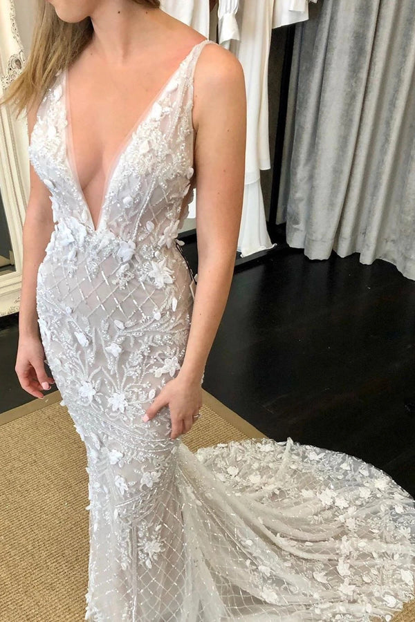 Deep V-Neck Luxury Beaded Mermaid Wedding Dress with Detachable Train,MW470