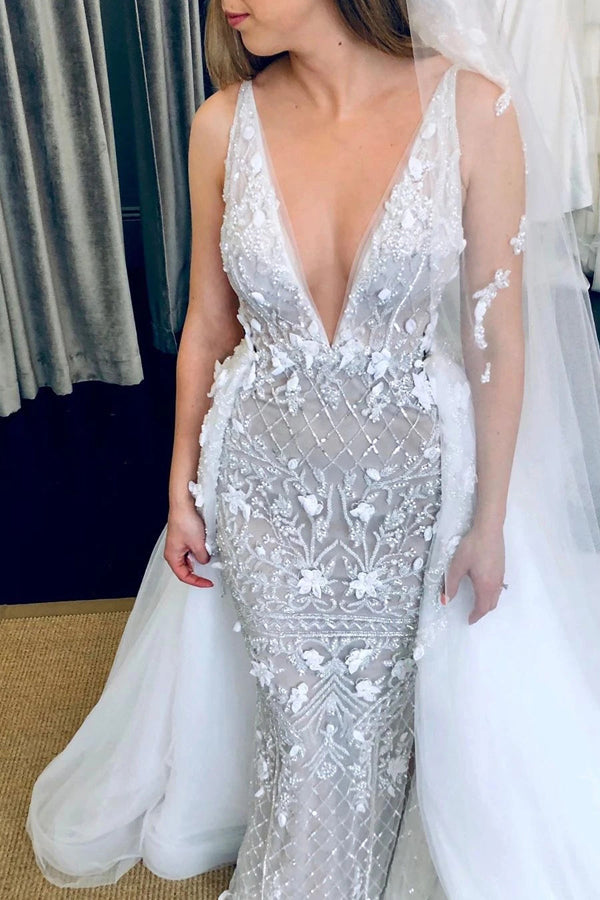 Deep V-Neck Luxury Beaded Mermaid Wedding Dress with Detachable Train,MW470 | musebridals.com