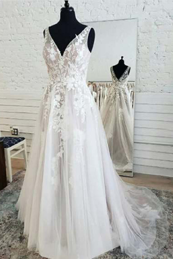 Fairy Tulle A-line V-neck Open Back Lace Sleeveless Long Wedding Dresses,MW471