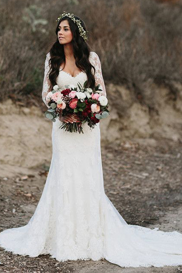 Gorgeous Mermaid V-neck Open Back Lace Long Sleeves Wedding Dresses with Train,MW472 | musebridals.com