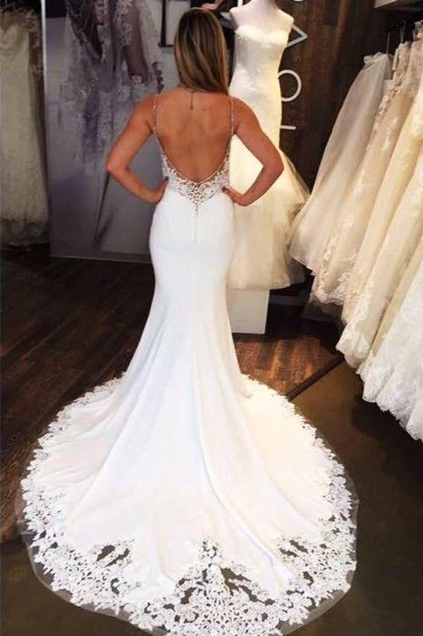 Charming Mermaid Sweetheart Open Back White Lace Long Wedding Dresses with Train,MW473