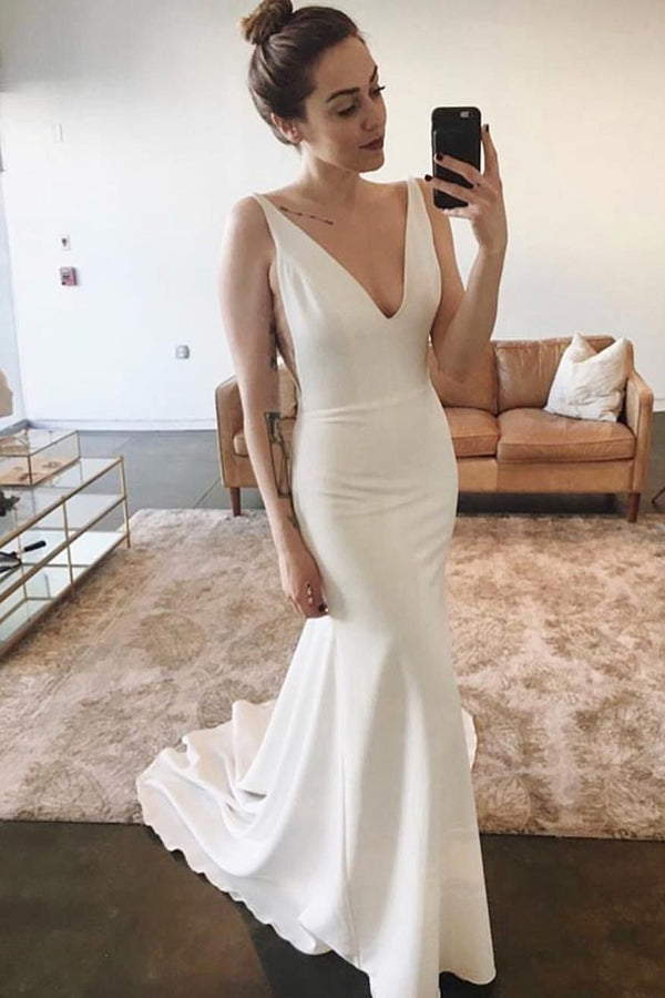 Elegant Mermaid V-neck Open Back Sleeveless Soft Satin Long Wedding Dresses,MW474