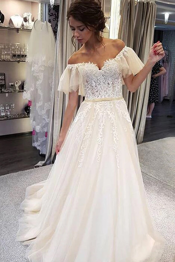 Elegant A-line Off the Shoulder Lace Wedding Dresses,Ruffled Sleeves Wedding Dresses,MW479