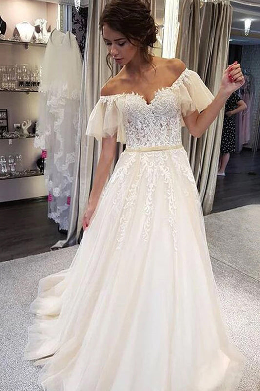 Elegant A-line Off the Shoulder Lace Wedding Dresses,Ruffled Sleeves Wedding Dresses,MW479