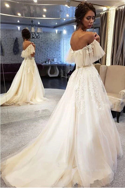 Elegant A-line Off the Shoulder Lace Wedding Dresses,Ruffled Sleeves Wedding Dresses,MW479 | musebridals.com