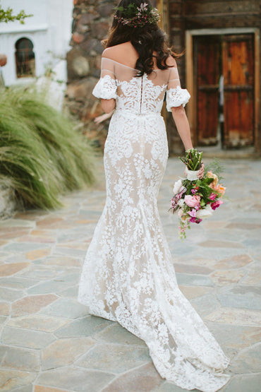 Sheath Off the Shoulder White Lace Long Wedding Dresses,Half Sleeves Wedding Dresses,MW480 | musebridals.com