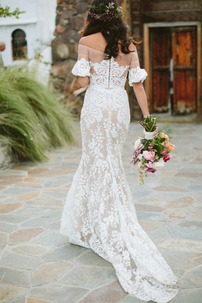 Sheath Off the Shoulder White Lace Long Wedding Dresses,Half Sleeves Wedding Dresses,MW480 | musebridals.com