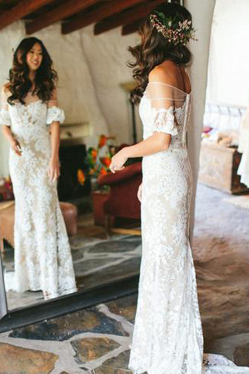 Roycebridal Sheath Off the Shoulder White Lace Long Wedding Dresses,Half Sleeves Wedding Dresses,MW480