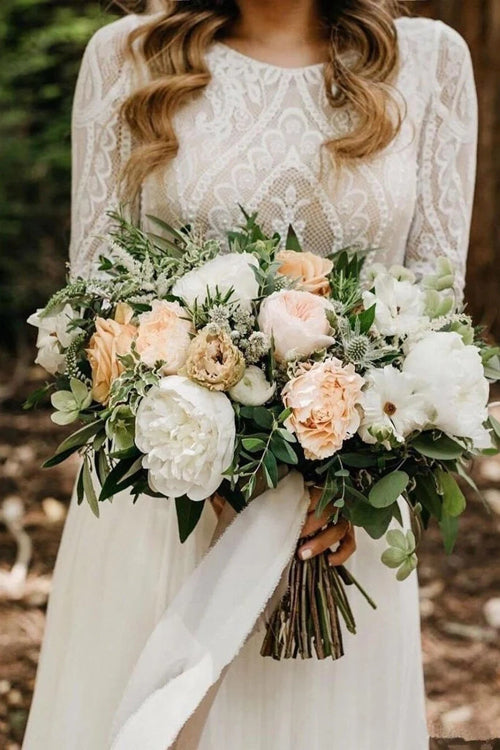 Elegant Scoop Long Sleeve Chiffon Wedding Dresses with Lace Backless Ivory Bridal Dresses,MW482 | musebridals.com