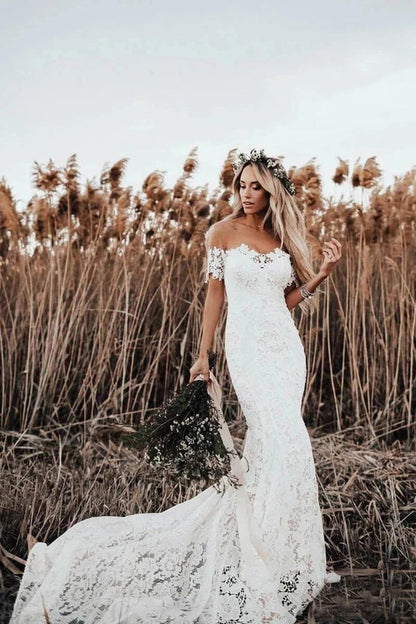 Rustic Mermaid Lace Ivory Wedding Dresses Illusion Neckline Beach Wedding Dress,MW488