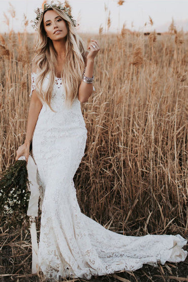 Rustic Mermaid Lace Ivory Wedding Dresses Illusion Neckline Beach Wedding Dress,MW488 | musebridals.com