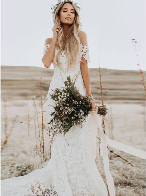 Rustic Mermaid Lace Ivory Wedding Dresses Illusion Neckline Beach Wedding Dress,MW488 | wedding dresses | beach wedding dresses | lace wedding dresses | bridal gowns | bridal dresses | musebridals.com