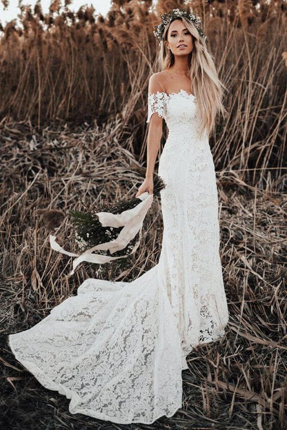 Rustic Mermaid Lace Ivory Wedding Dresses Illusion Neckline Beach Wedding Dress,MW488 | cheap wedding dresses | lace wedding dresses | bridal gowns | wedding gowns | Musebridals.com