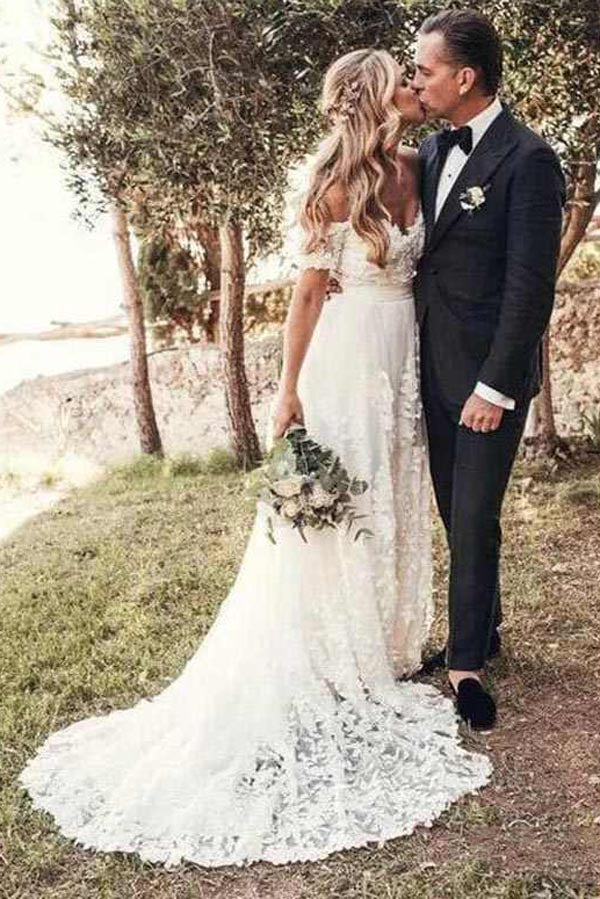 Rustic Ivory Lace Wedding Dresses Off the Shoulder Beach Wedding Dresses,MW490