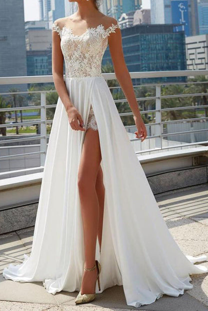 Cheap Off the Shoulder See Through Wedding Dresses Side Slit A-line Bridal Dresses,MW493