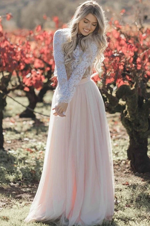 Lace Two Piece Long Sleeve Wedding Dresses Blush Pink Beach Wedding Dress,MW496