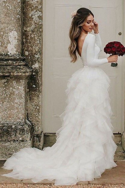 Simple Long Sleeve Ivory White Wedding Dresses with Ruffle Skirt,MW497