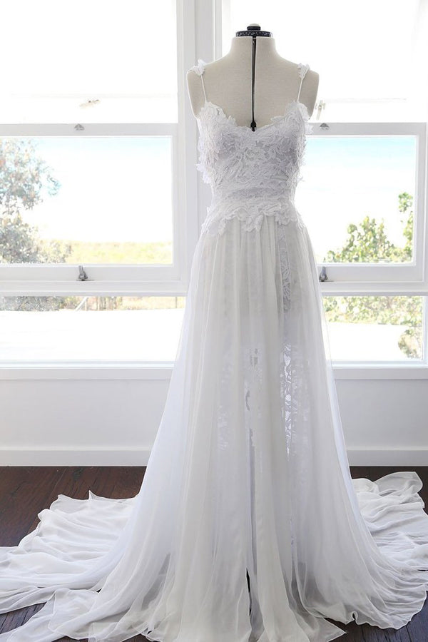 Sweetheart White Chiffon Spaghetti Strap Lace Beach Wedding Dresses,MW498