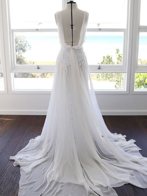 Sweetheart White Chiffon Spaghetti Strap Lace Beach Wedding Dresses,MW498 | musebridals.com