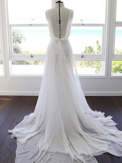 Sweetheart White Chiffon Spaghetti Strap Lace Beach Wedding Dresses,MW498 | musebridals.com