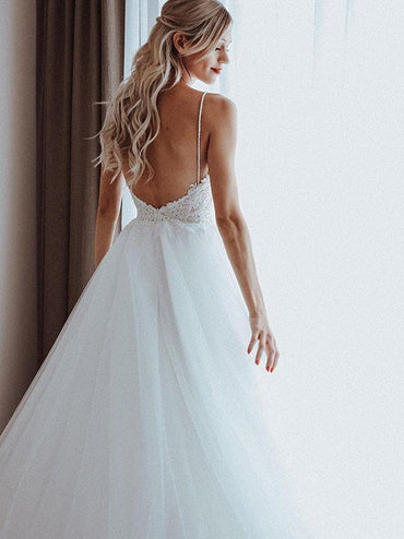 Unique A-line Tulle Spaghetti Straps Backless Wedding Dresses Online, MW499 | wedding dresses | bridal gowns | wedding dresses online | bridals | weddingideas | wedding dresses near me | wedding dresses cheap | lace wedding dresses | mermaid wedding dresses | wedding dresses white | Musebridals