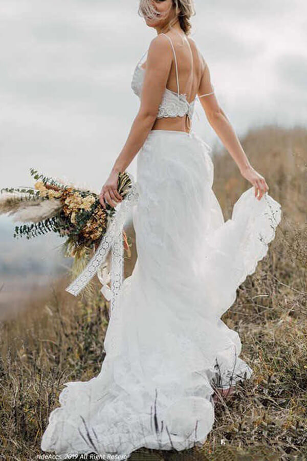 Crop Top Lace Two Piece Boho Spaghetti Straps Wedding Dresses, MW509 | two piece wedding dresses | lace wedding dresses | bridal dresses | Musebridals.com