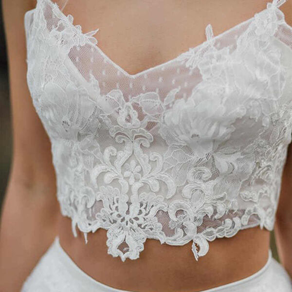 Crop Top Lace Two Piece Boho Spaghetti Straps Wedding Dresses, MW509 | cheap lace wedding dresses | wedding dresses near me | wedding dresses online | Musebridals.com