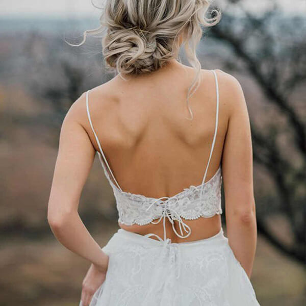 Crop Top Lace Two Piece Boho Spaghetti Straps Wedding Dresses, MW509 | white lace wedding dresses | cheap wedding dresses | bridal gowns | Musebridals.com