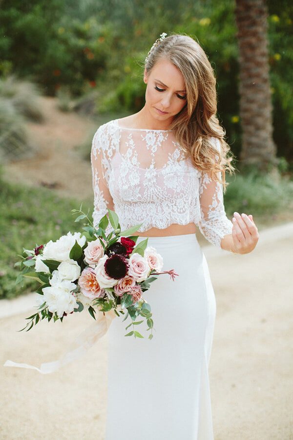 Flowy Boho Lace Two Piece Mermaid Chiffon Skirt Wedding Dresses, MW510 | wedding dresses | bridal gowns | long sleeve wedding dresses | white wedding dresses | Musebridals.com