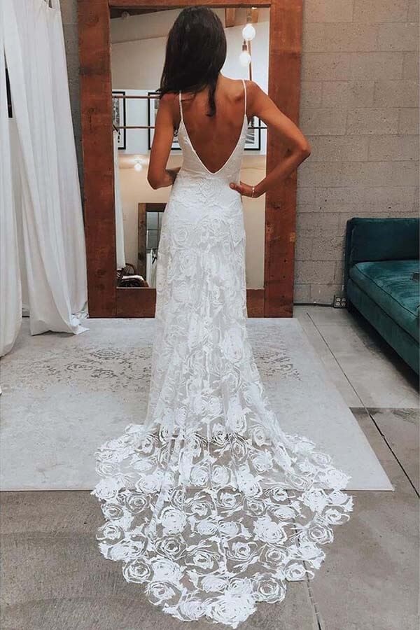 Boho Rose Lace Sweetheart Spaghetti Strap Beach Wedding Dresses, MW511 | plus size wedding dresses | bridal dresses | wedding dresses online | Musebridals.com