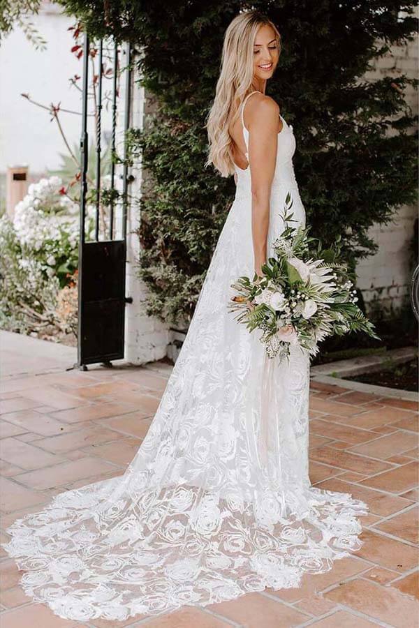 Boho Rose Lace Sweetheart Spaghetti Strap Beach Wedding Dresses, MW511 | wedding dresses | lace wedding dresses | cheap wedding dresses | Musebridals.com