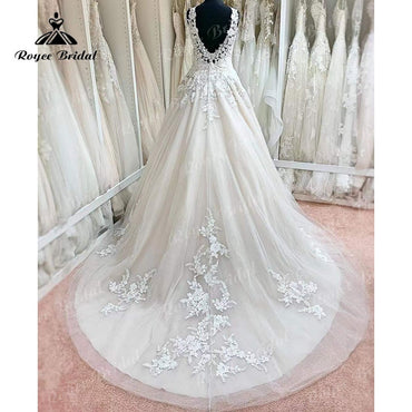 Roycebridal Mariage trajes de novias largos A Line Lace Aplliqued V Neck Wedding Dress Sleeveless Backless Bridal Gowns vestido de novia