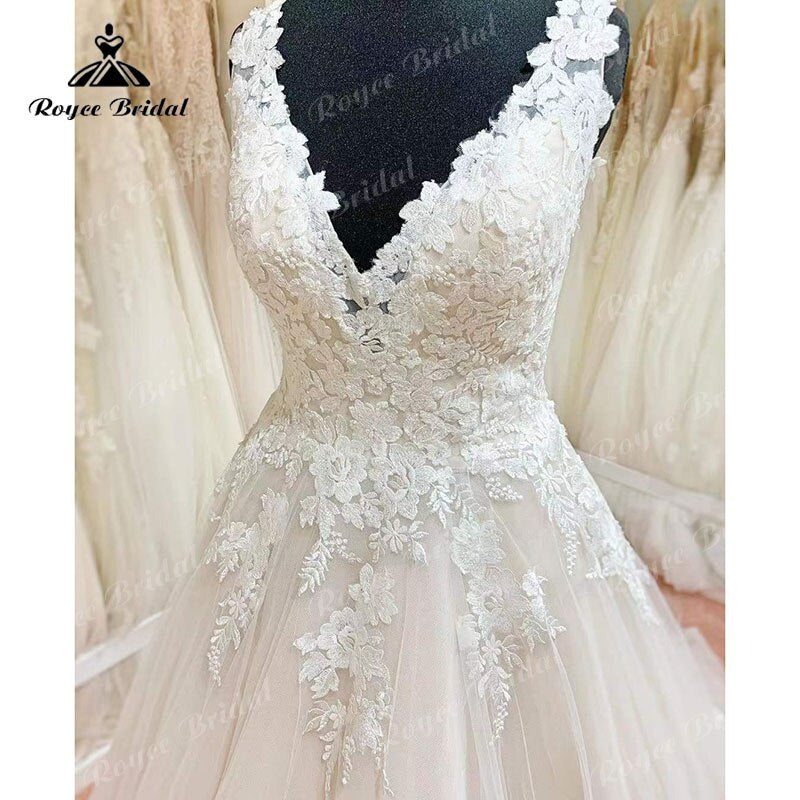 Roycebridal Mariage trajes de novias largos A Line Lace Aplliqued V Neck Wedding Dress Sleeveless Backless Bridal Gowns vestido de novia