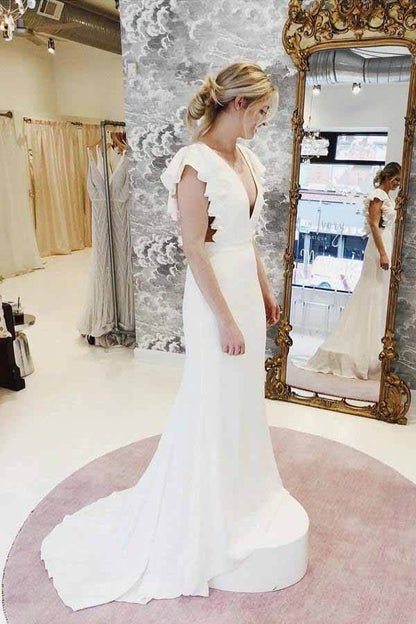 Mermaid Backless Cap Sleeves V-neck Wedding Dresses with Ruffles, MW718 | mermaid wedding dresses | v neck wedding dress | long wedding gowns | www.musebridals.com