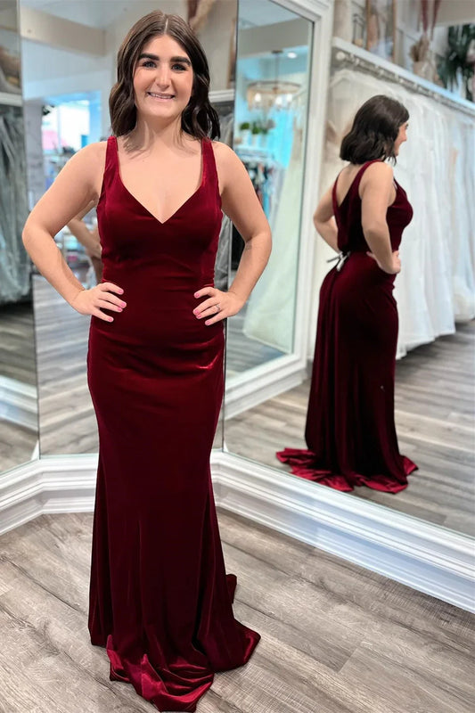 Mermaid Burgundy Velvet Formal Wedding Guest Dress V-Neck