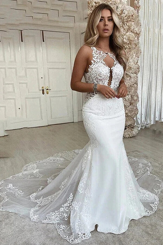 Mermaid Deep V-neck Backless Lace Wedding Dresses With Chapel Train, MW809 | lace wedding dresses | mermaid wedding dress | cheap wedding dresses | musebridals.com