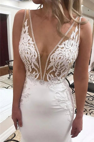 Mermaid Deep V-neck Wedding Dresses With Lace Appliques, Bridal Gown, MW775 | v neck wedding dresses | bridal outfit | sexy wedding dresses | musebridals.com