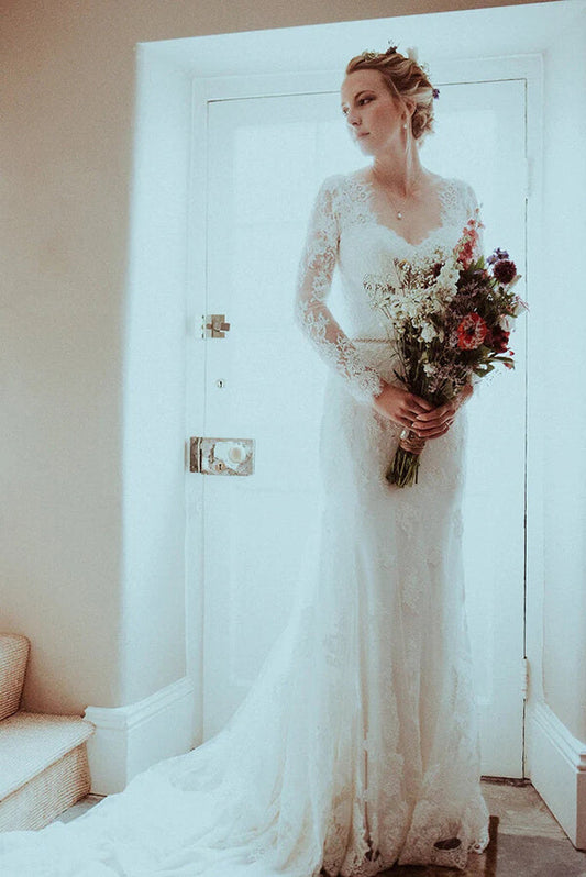 Mermaid Lace V-neck Long Sleeves Wedding Dresses With Sweep Train, MW774 | long sleeves wedding dresses | mermaid wedding dresses | cheap lace wedding dresses | musebridals.com