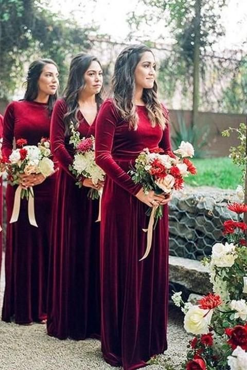 Roycebridal Mermaid Long Sleeves Burgundy Velvet Bridesmaid Dresses Backless