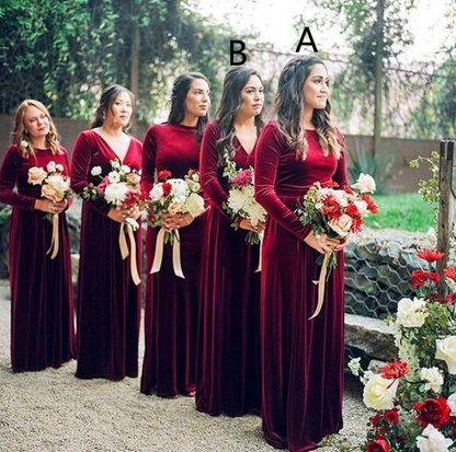 Roycebridal Mermaid Long Sleeves Burgundy Velvet Bridesmaid Dresses Backless