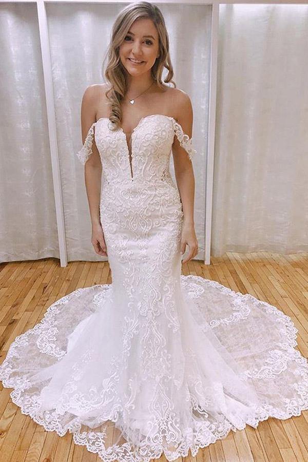 Mermaid Off-the-Shoulder Lace Appliques Wedding Dresses With Train, MW760 | v neck wedding dress | wedding gowns | lace wedding dresses | musebridals.com